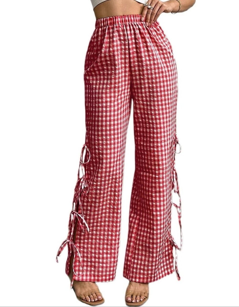 Akira gingham red and white wide leg side tie pant size small